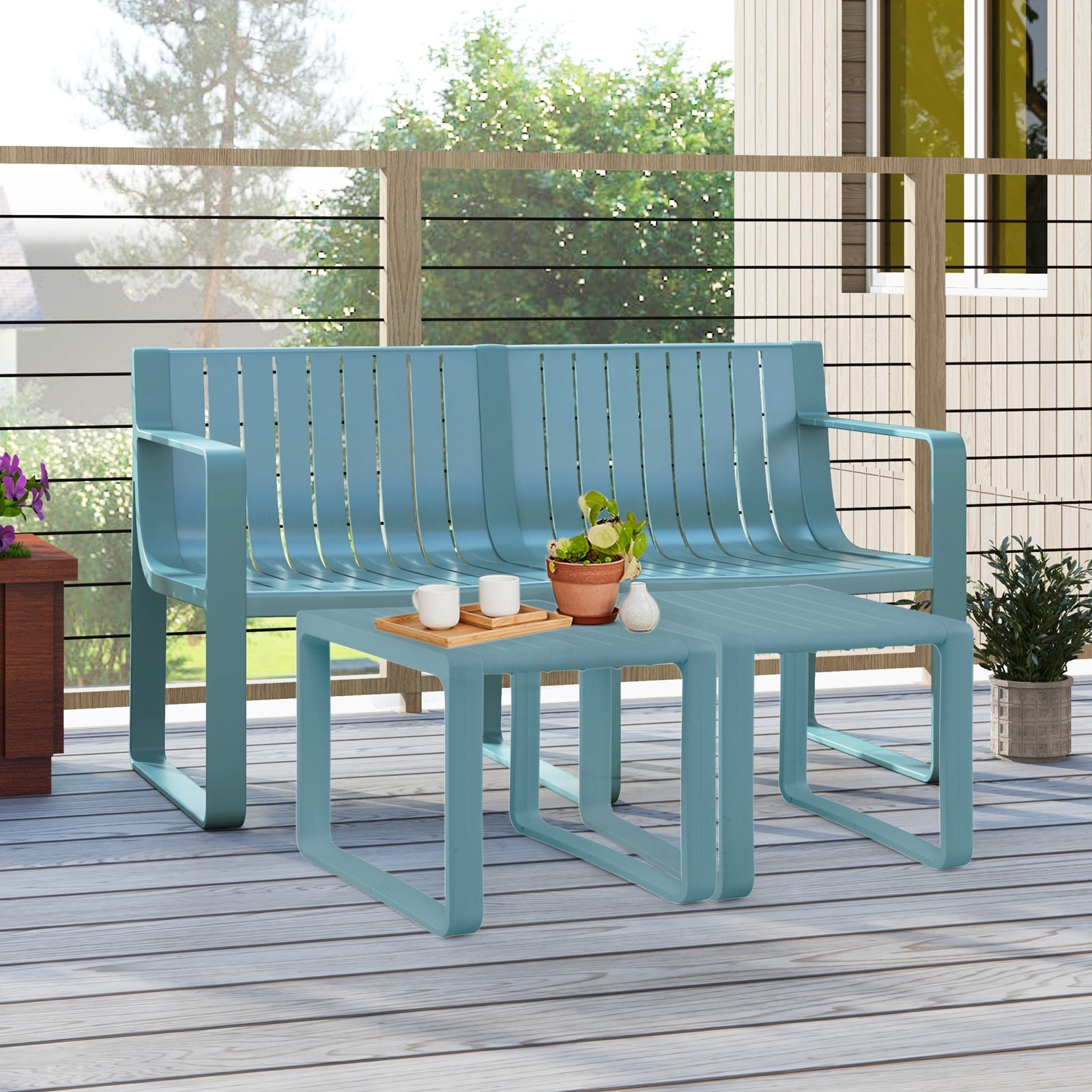 Weather-resistant Plastic 2-Person Bench with Curved Backrest, Blue Outdoor Benches at Gallery Canada