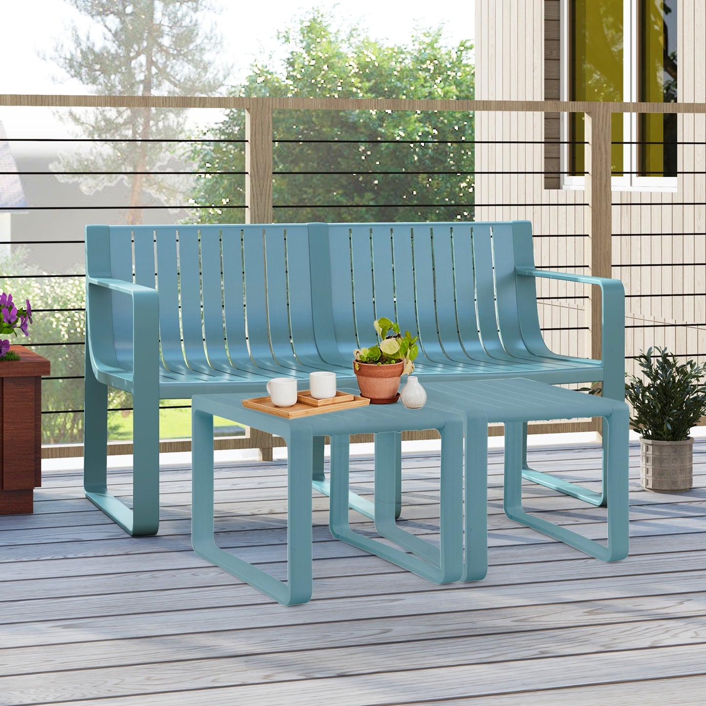 Weather-resistant Plastic 2-Person Bench with Curved Backrest, Blue Outdoor Benches at Gallery Canada