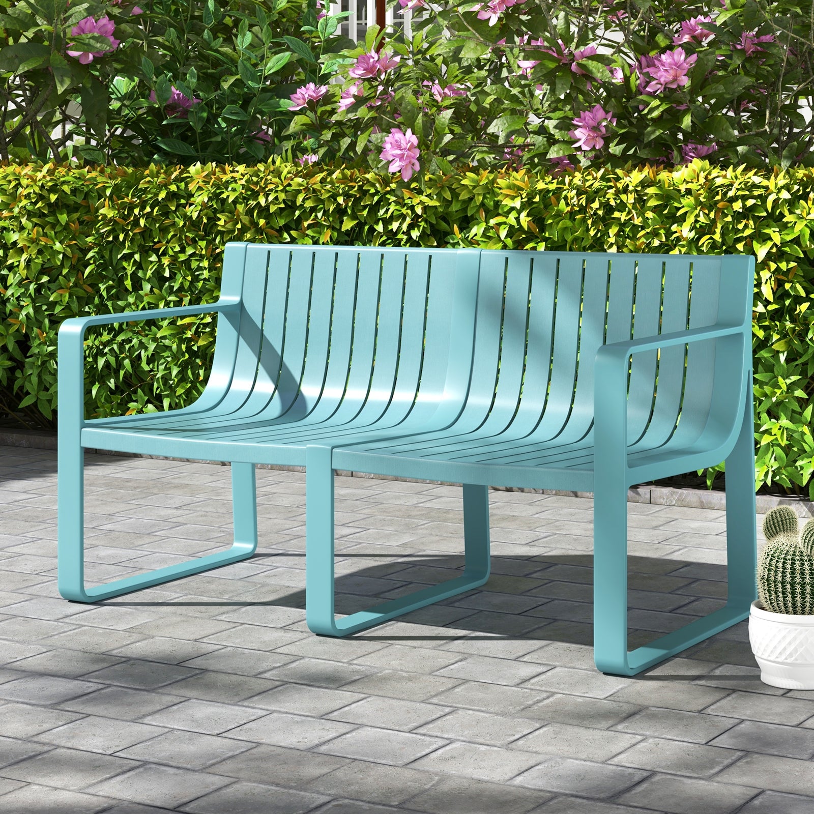 Weather-resistant Plastic 2-Person Bench with Curved Backrest, Blue Outdoor Benches at Gallery Canada