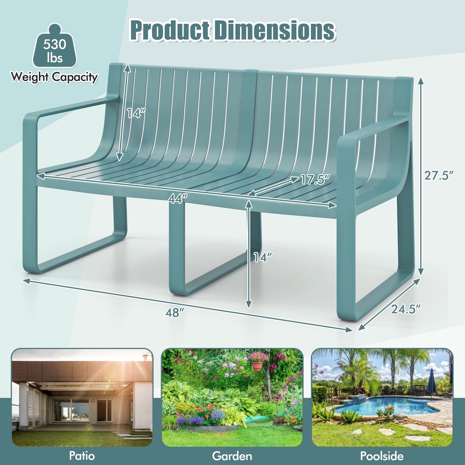 Weather-resistant Plastic 2-Person Bench with Curved Backrest, Blue Outdoor Benches at Gallery Canada