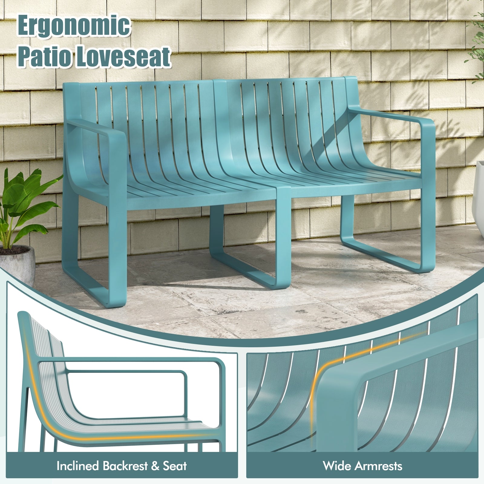 Weather-resistant Plastic 2-Person Bench with Curved Backrest, Blue Outdoor Benches at Gallery Canada