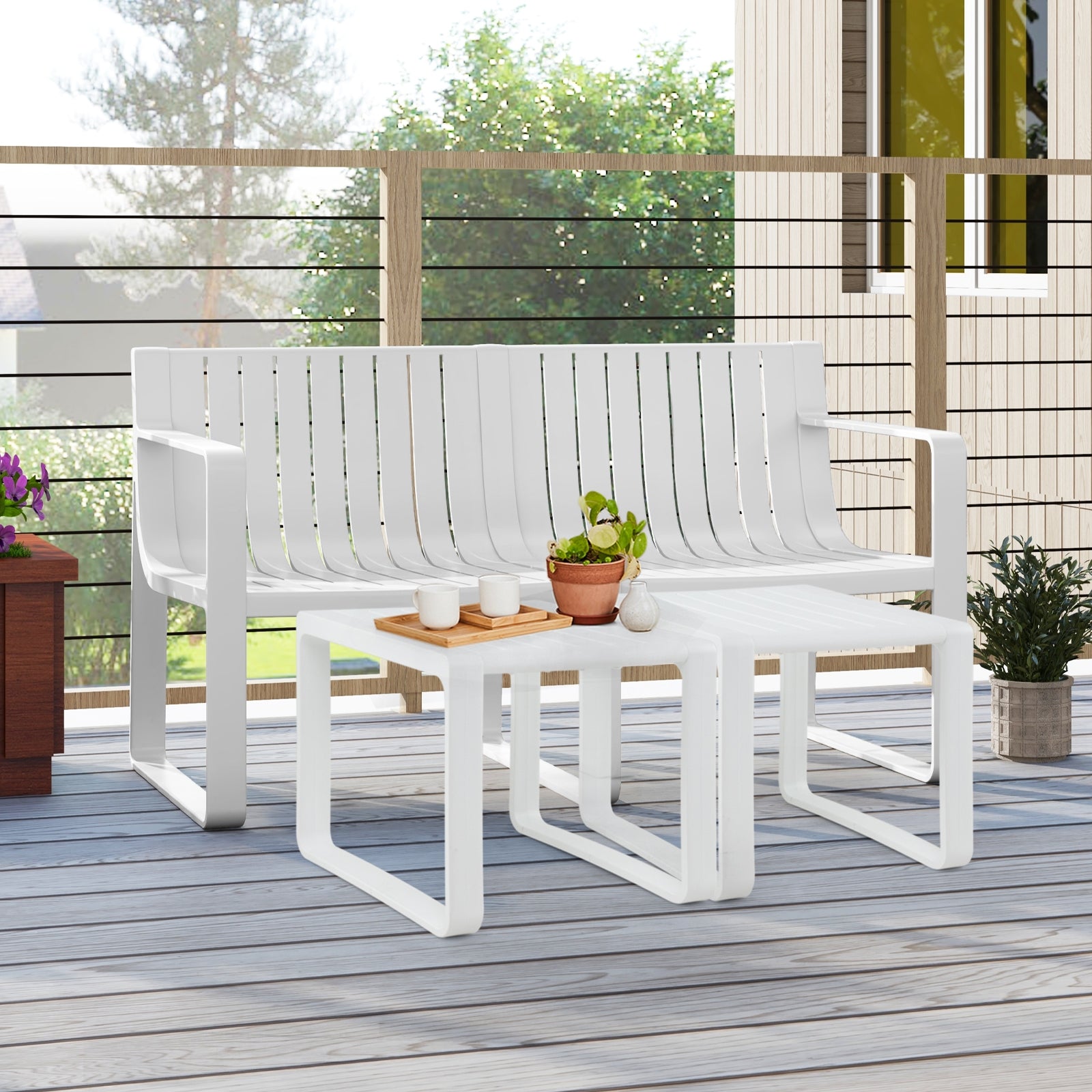 Weather-resistant Plastic 2-Person Bench with Curved Backrest, White Outdoor Benches at Gallery Canada