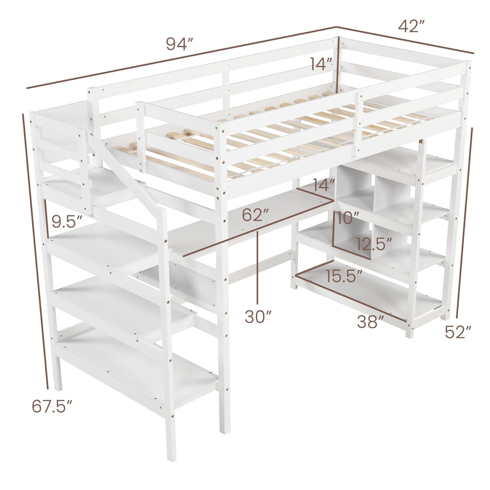 Twin Size Loft Bed with Desk and Storage Stairs Loft Bed Frame with Shelves and Safety Guardrails, White Bunk Bed Frame   at Gallery Canada