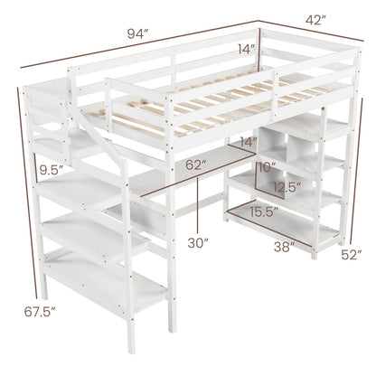 Twin Size Loft Bed with Desk and Storage Stairs Loft Bed Frame with Shelves and Safety Guardrails, White Bunk Bed Frame   at Gallery Canada