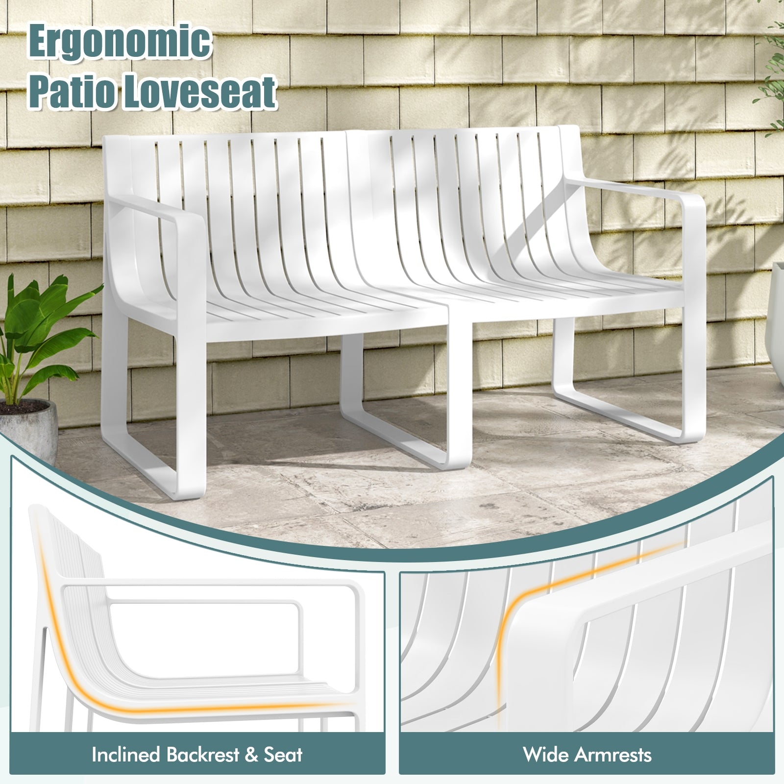 Weather-resistant Plastic 2-Person Bench with Curved Backrest, White Outdoor Benches at Gallery Canada