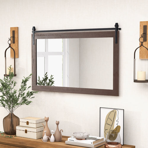 Rectangle Barn Door Style Wall Mounted Mirror with Solid Wood Frame, Walnut