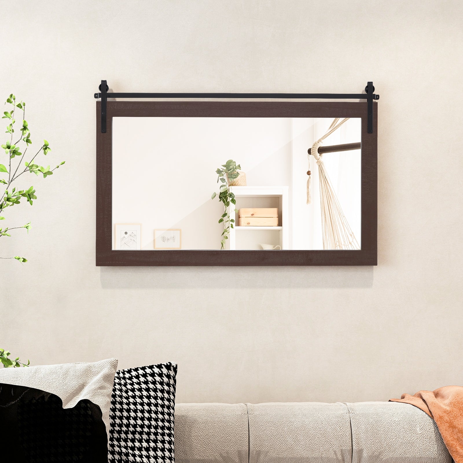 Rectangle Barn Door Style Wall Mounted Mirror with Solid Wood Frame, Walnut Wall Mirrors at Gallery Canada