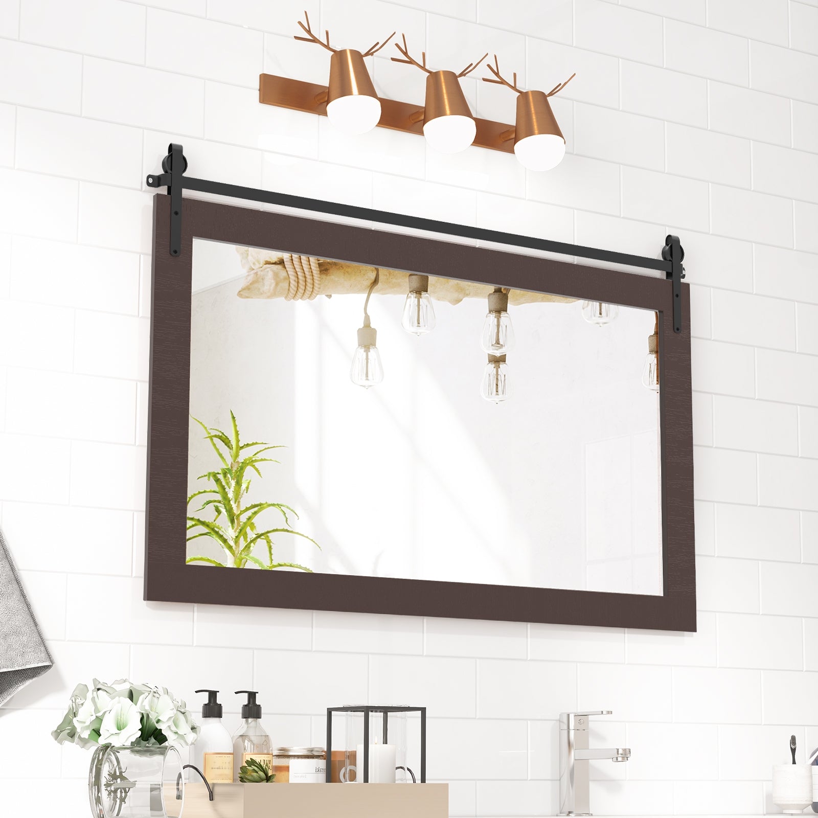 Rectangle Barn Door Style Wall Mounted Mirror with Solid Wood Frame, Walnut Wall Mirrors at Gallery Canada