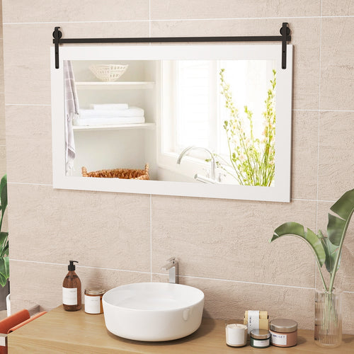 Rectangle Barn Door Style Wall Mounted Mirror with Solid Wood Frame, White