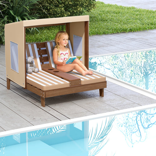 Kids Patio Lounge Chair with Cup Holders and Awning, Brown