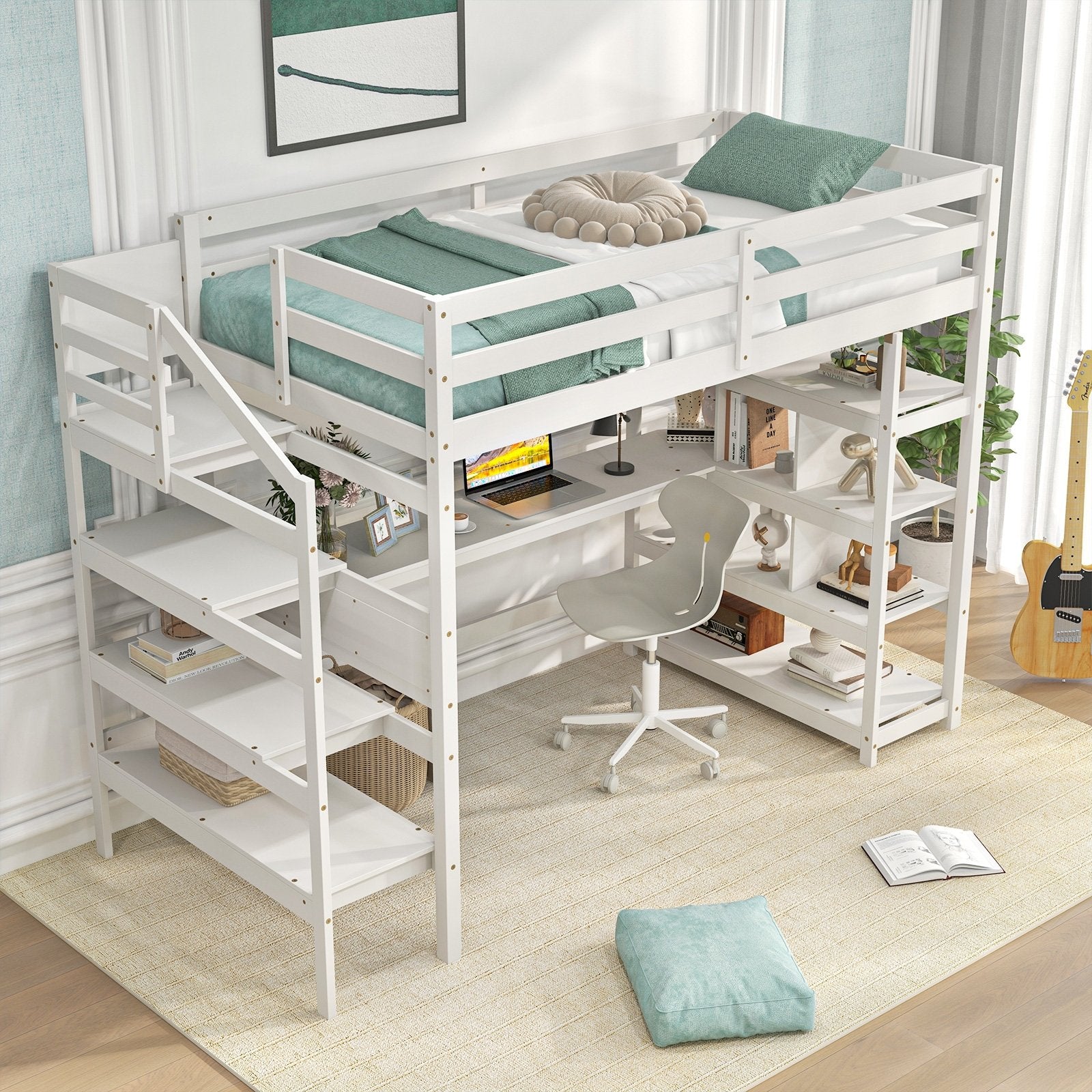 Twin Size Loft Bed with Desk and Storage Stairs Loft Bed Frame with Shelves and Safety Guardrails, White Bunk Bed Frame   at Gallery Canada