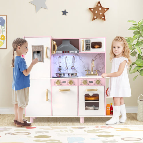 Wooden Kitchen Playset with Ice Maker and Sounds for Ages 3+, Pink