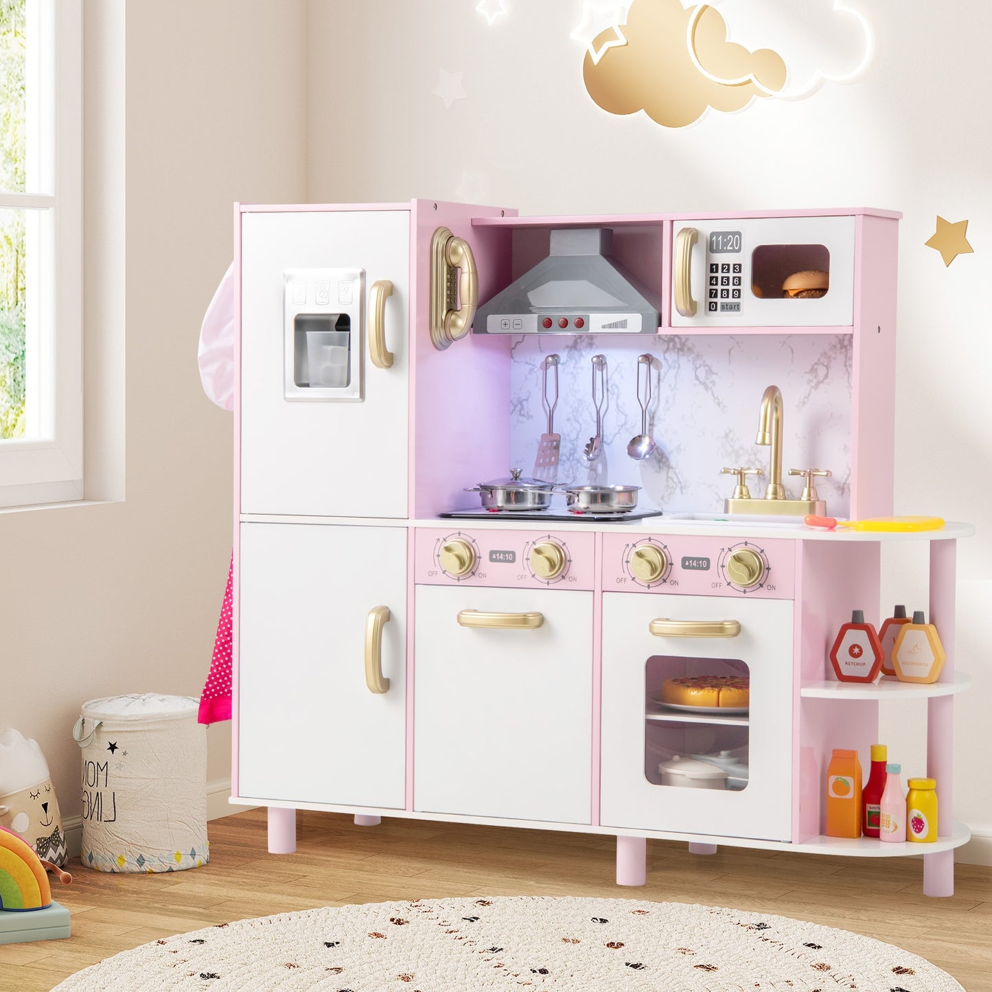 Wooden Kitchen Playset with Ice Maker and Sounds for Ages 3+, Pink Play Kitchen Sets at Gallery Canada