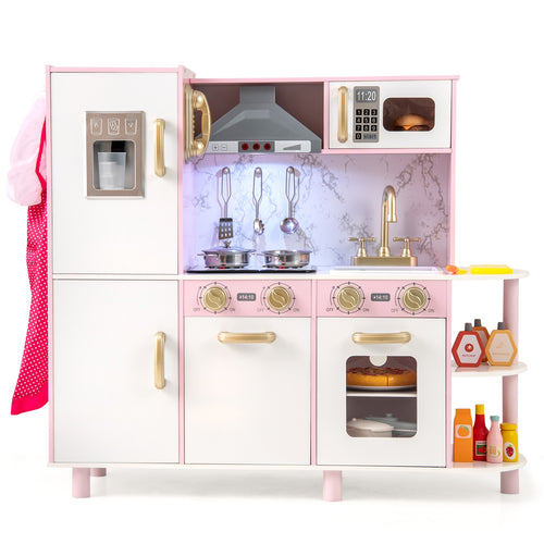 Wooden Kitchen Playset with Ice Maker and Sounds for Ages 3+, Pink
