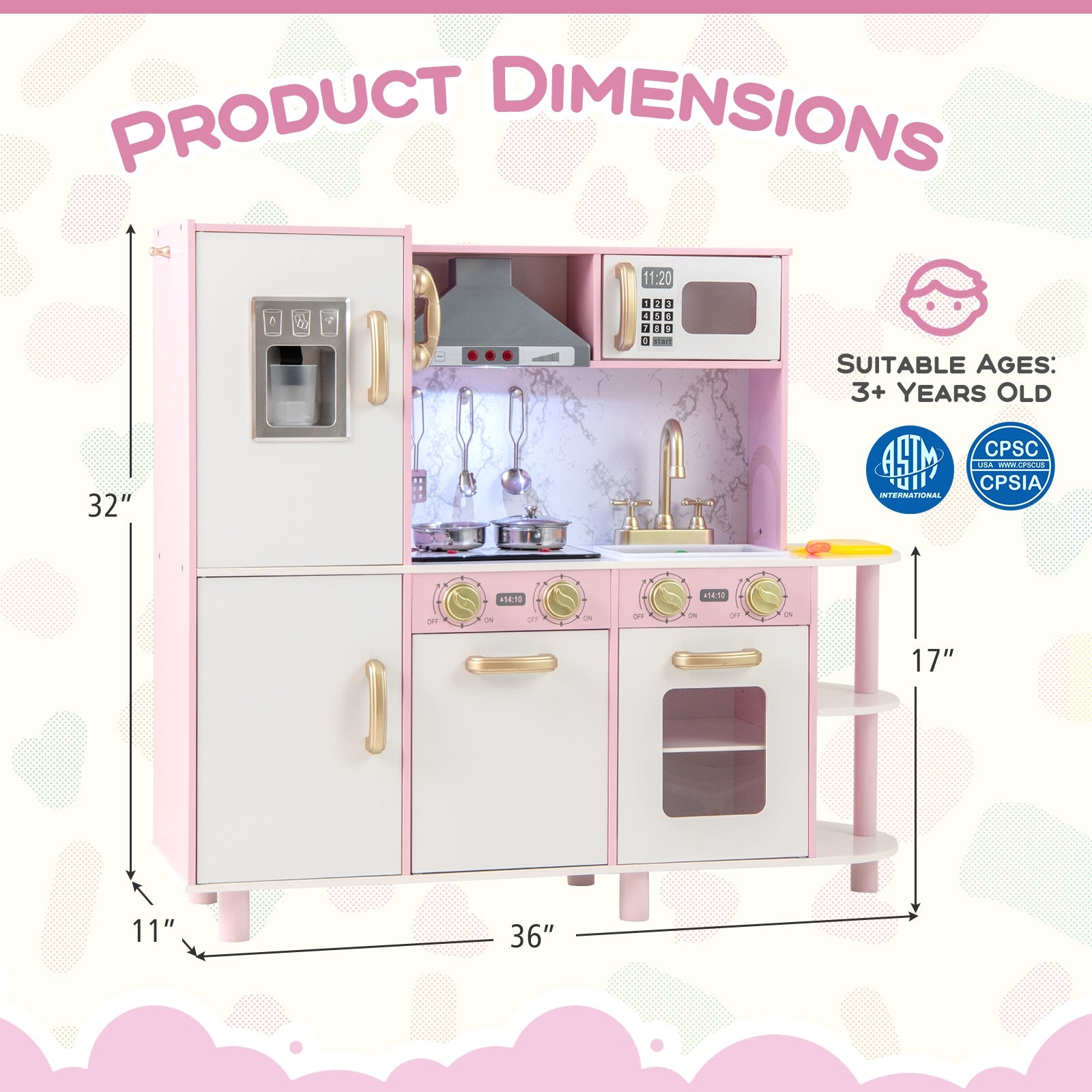 Wooden Kitchen Playset with Ice Maker and Sounds for Ages 3+, Pink Play Kitchen Sets at Gallery Canada