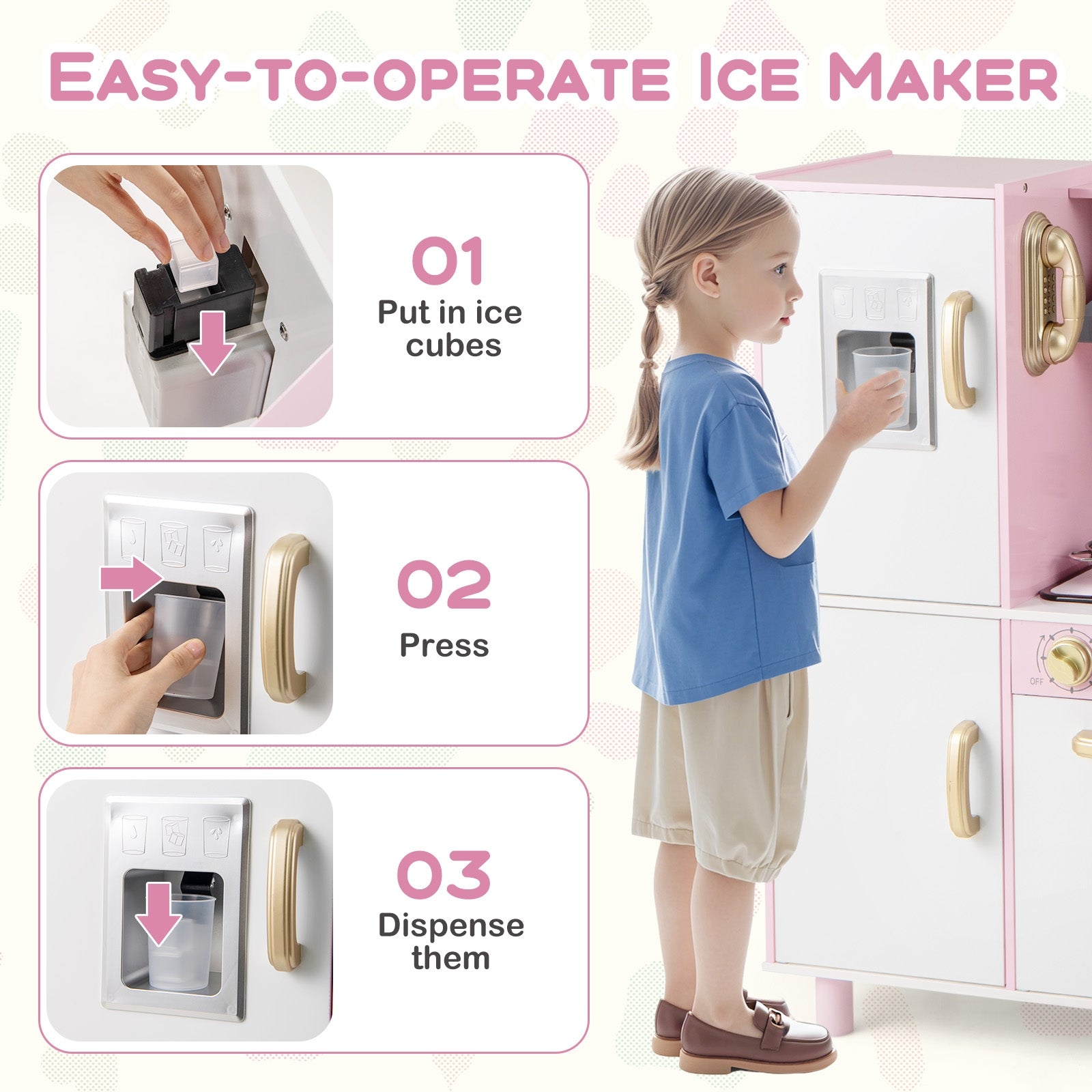 Wooden Kitchen Playset with Ice Maker and Sounds for Ages 3+, Pink Play Kitchen Sets at Gallery Canada