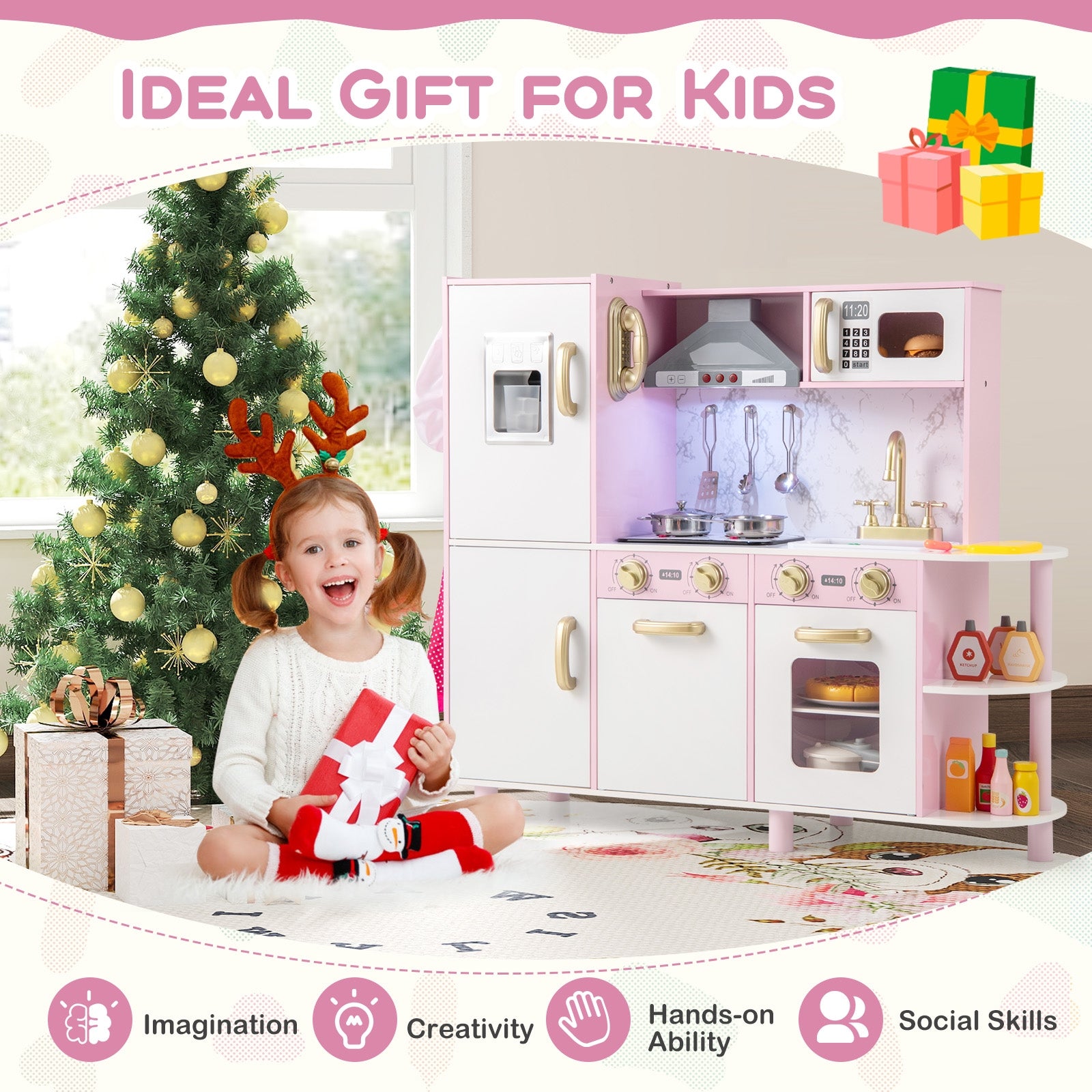 Wooden Kitchen Playset with Ice Maker and Sounds for Ages 3+, Pink Play Kitchen Sets at Gallery Canada