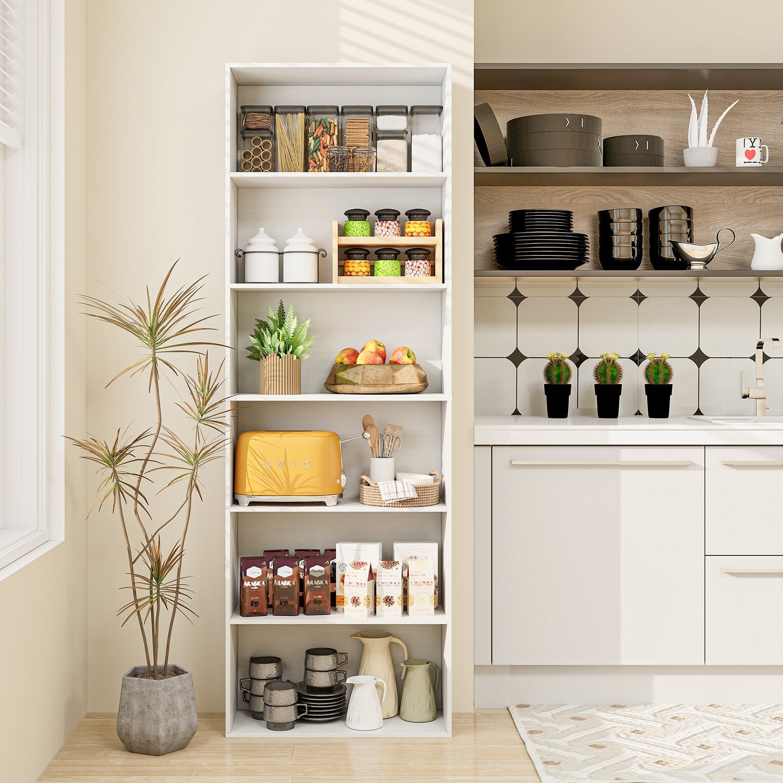 6-Tier Bookcase with 6 Open Shelves and Anti-Toppling Kits, White Bookcases at Gallery Canada
