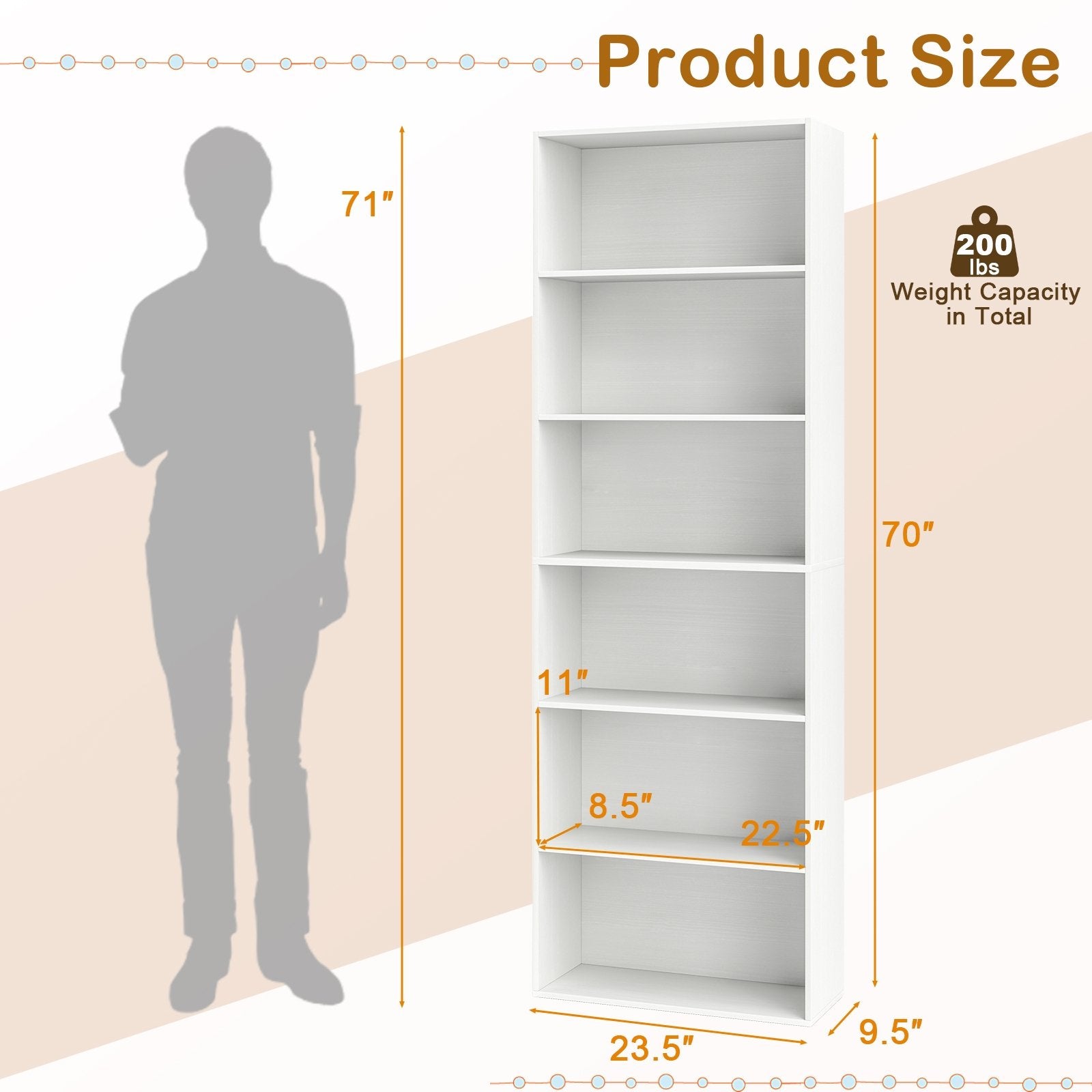 6-Tier Bookcase with 6 Open Shelves and Anti-Toppling Kits, White Bookcases at Gallery Canada