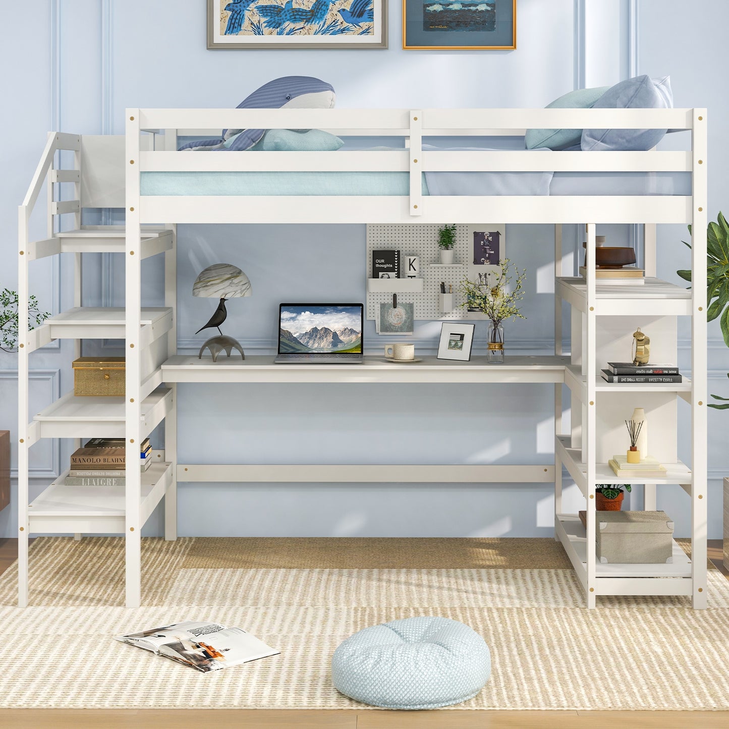 Twin Size Loft Bed with Desk and Storage Stairs Loft Bed Frame with Shelves and Safety Guardrails, White Bunk Bed Frame   at Gallery Canada