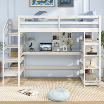 Twin Size Loft Bed with Desk and Storage Stairs Loft Bed Frame with Shelves and Safety Guardrails, White Bunk Bed Frame   at Gallery Canada