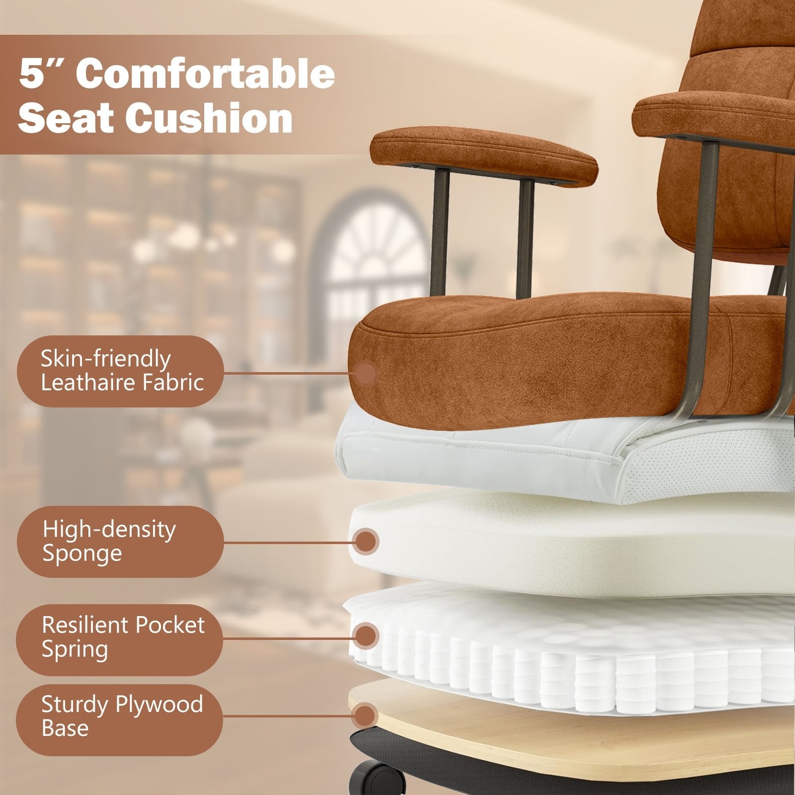 Leathaire Upholstered Task Home Office Chair with Cushioned Back, Brown Leisure Chairs at Gallery Canada