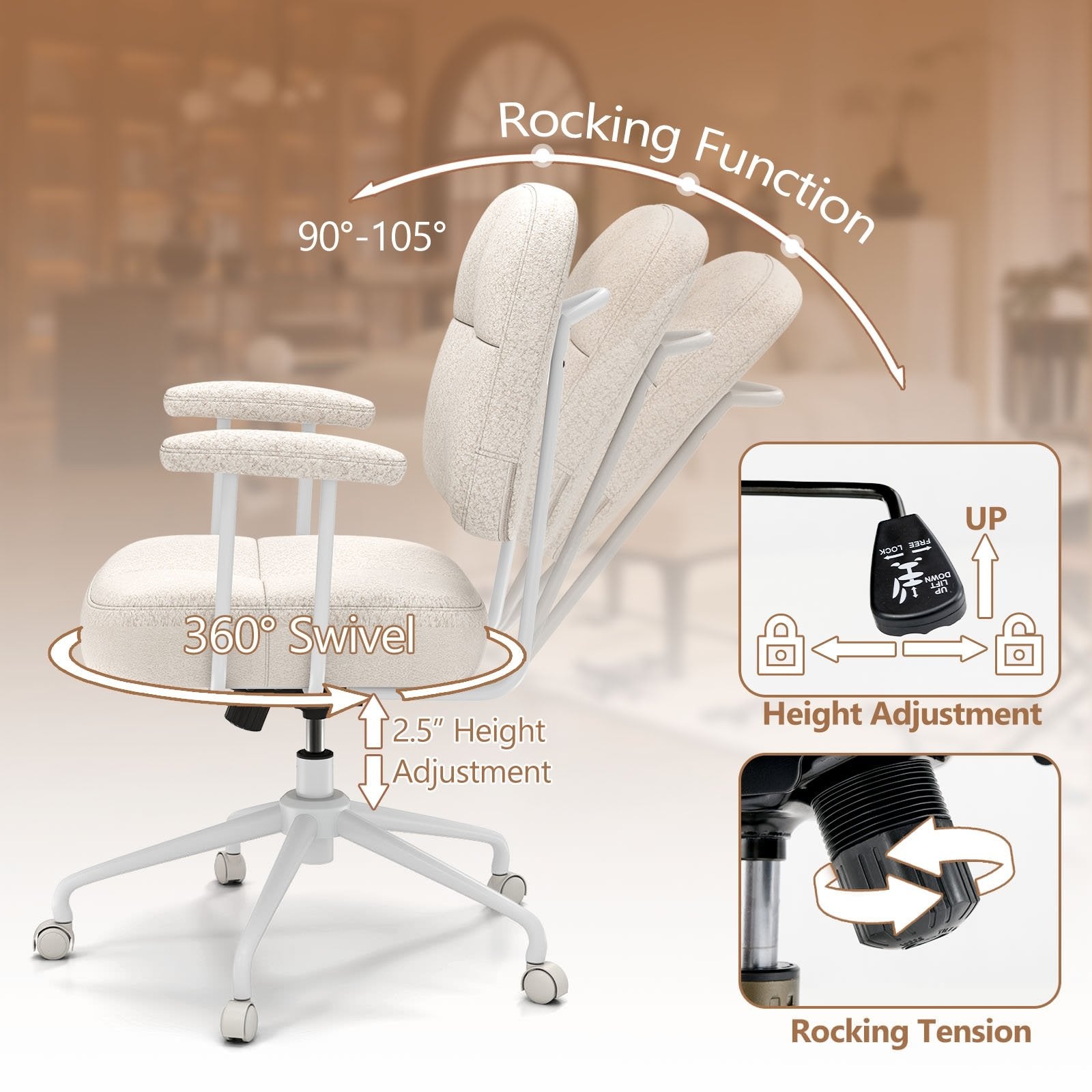 Leathaire Upholstered Task Home Office Chair with Cushioned Back, Beige Leisure Chairs at Gallery Canada
