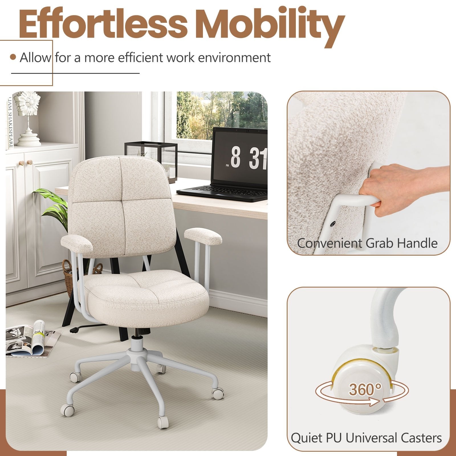 Leathaire Upholstered Task Home Office Chair with Cushioned Back, Beige Leisure Chairs at Gallery Canada