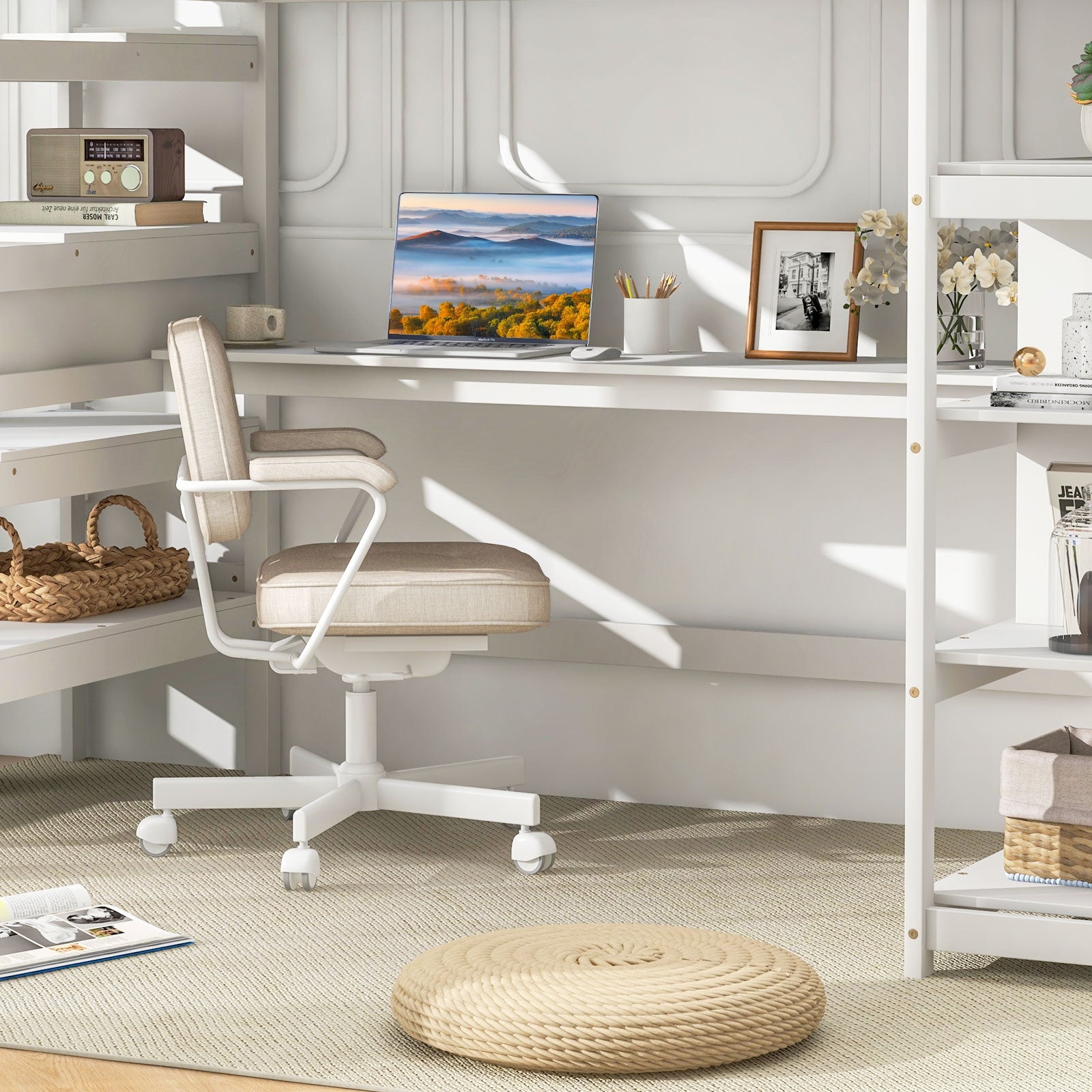 Twin Size Loft Bed with Desk and Storage Stairs Loft Bed Frame with Shelves and Safety Guardrails, White Bunk Bed Frame   at Gallery Canada