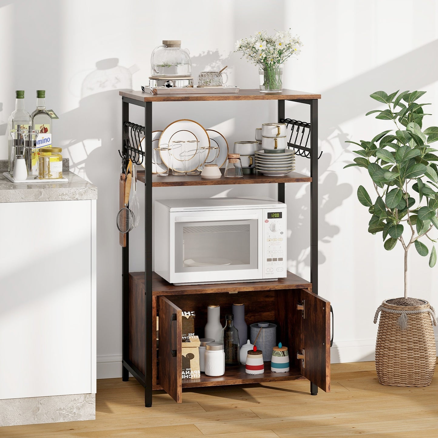 3-Tier Kitchen Baker’s Rack with Cabinet and 2 Open Shelves, Brown Baker's Racks   at Gallery Canada