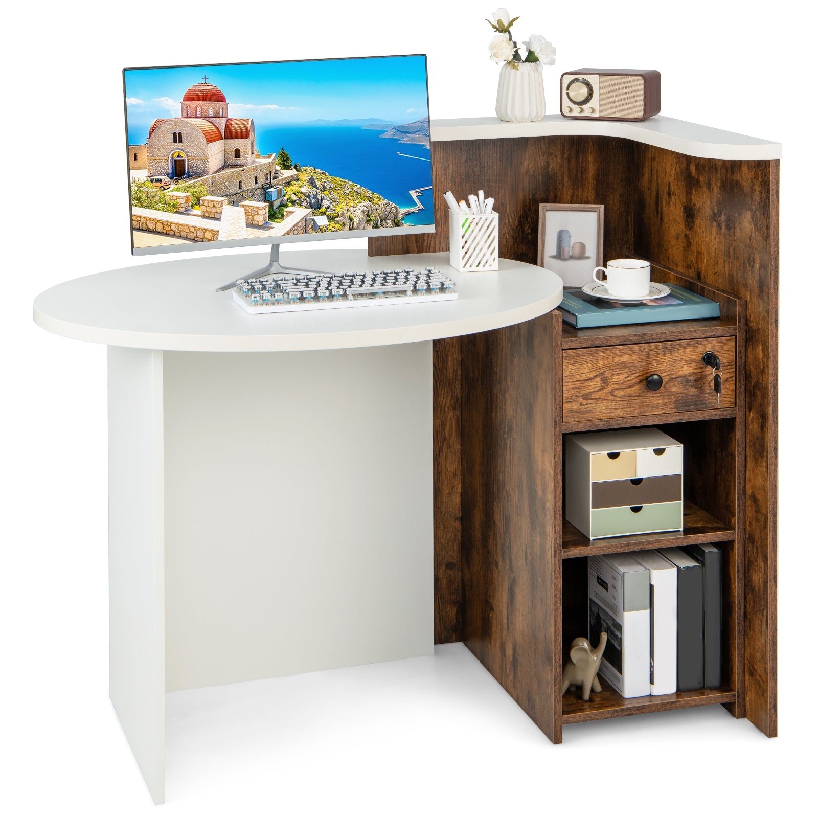 Front Reception Office Desk with Open Shelf and Drawer, Brown & White Computer Desks Brown & White at Gallery Canada