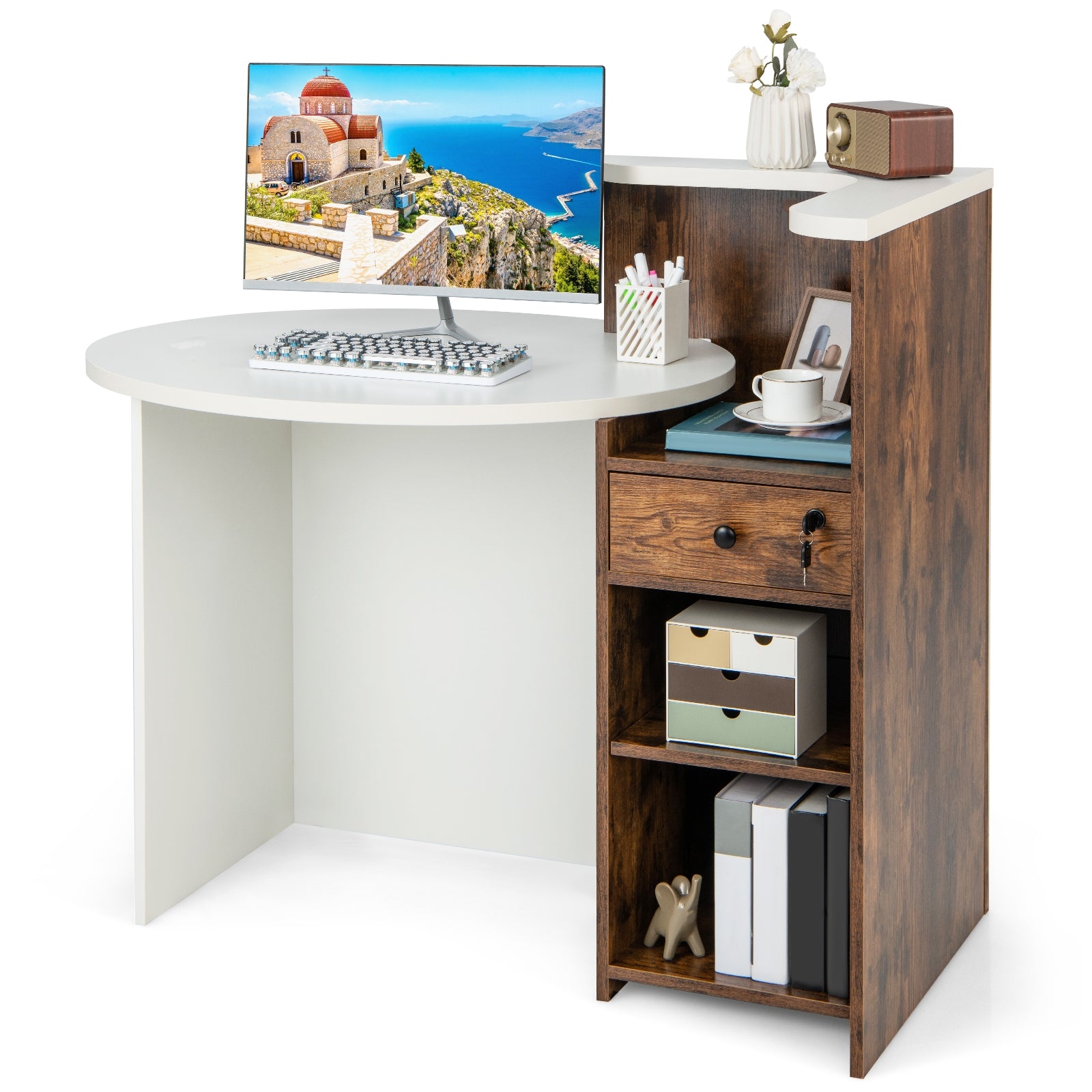 Front Reception Office Desk with Open Shelf and Drawer, Brown & White Computer Desks at Gallery Canada