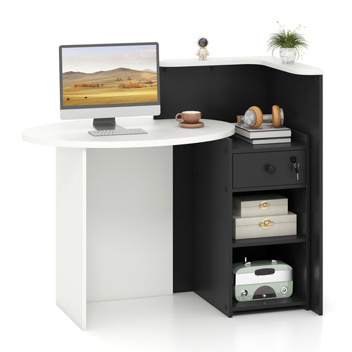 Front Reception Office Desk with Open Shelf and Drawer, Black & White
