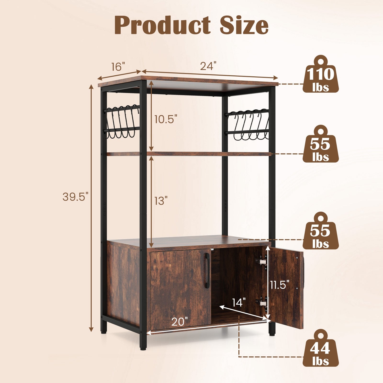 3-Tier Kitchen Baker’s Rack with Cabinet and 2 Open Shelves, Brown Baker's Racks   at Gallery Canada