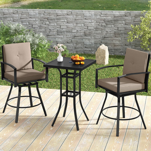 3 Pieces Patio Swivel Bar Set with Soft Cushions and Umbrella Hole, Brown