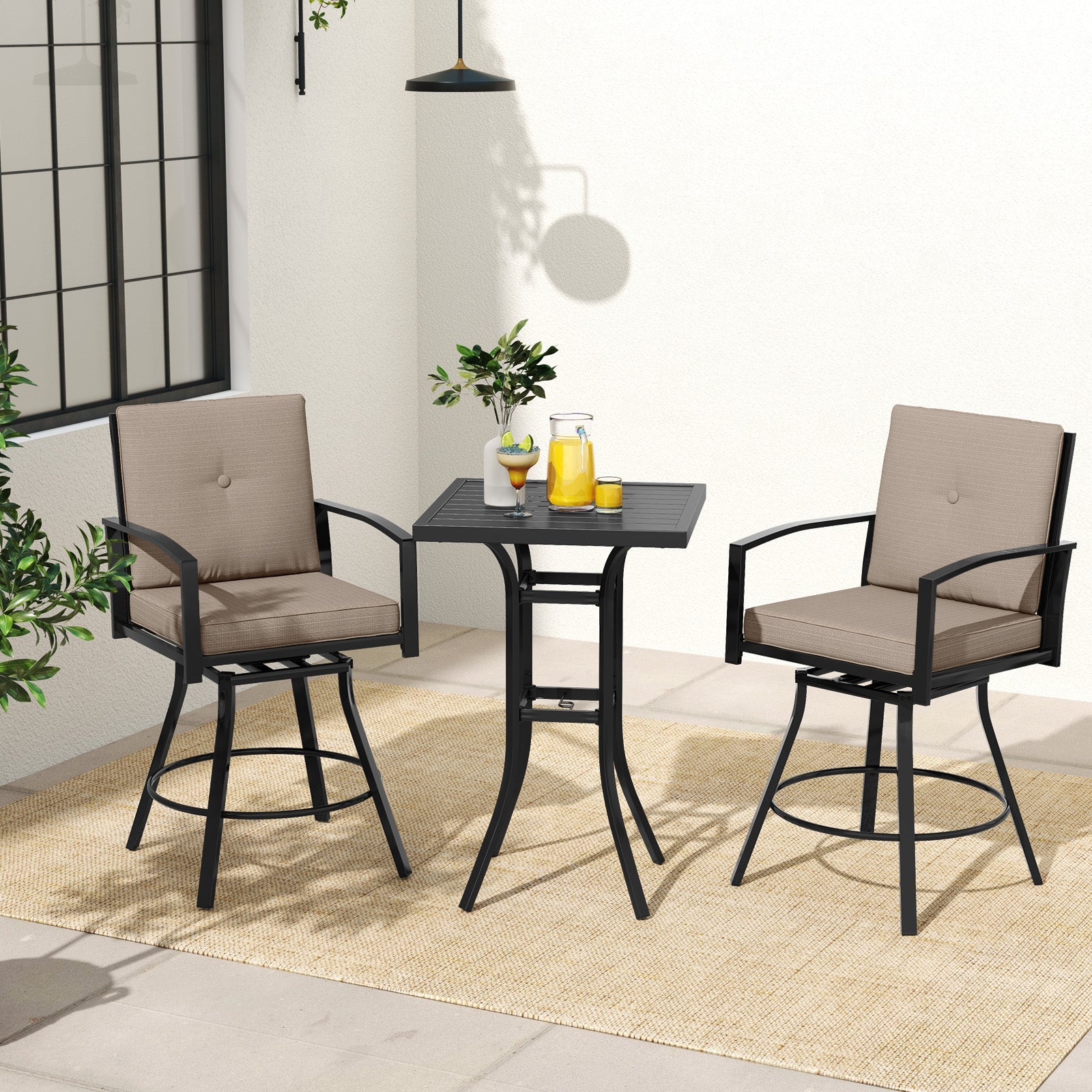 3 Pieces Patio Swivel Bar Set with Soft Cushions and Umbrella Hole, Brown Patio Bar Furniture at Gallery Canada