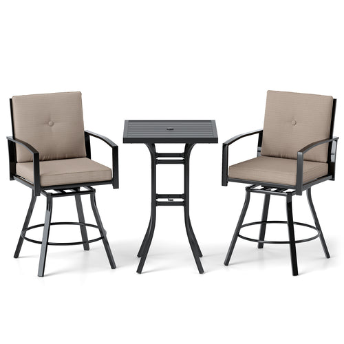 3 Pieces Patio Swivel Bar Set with Soft Cushions and Umbrella Hole, Brown