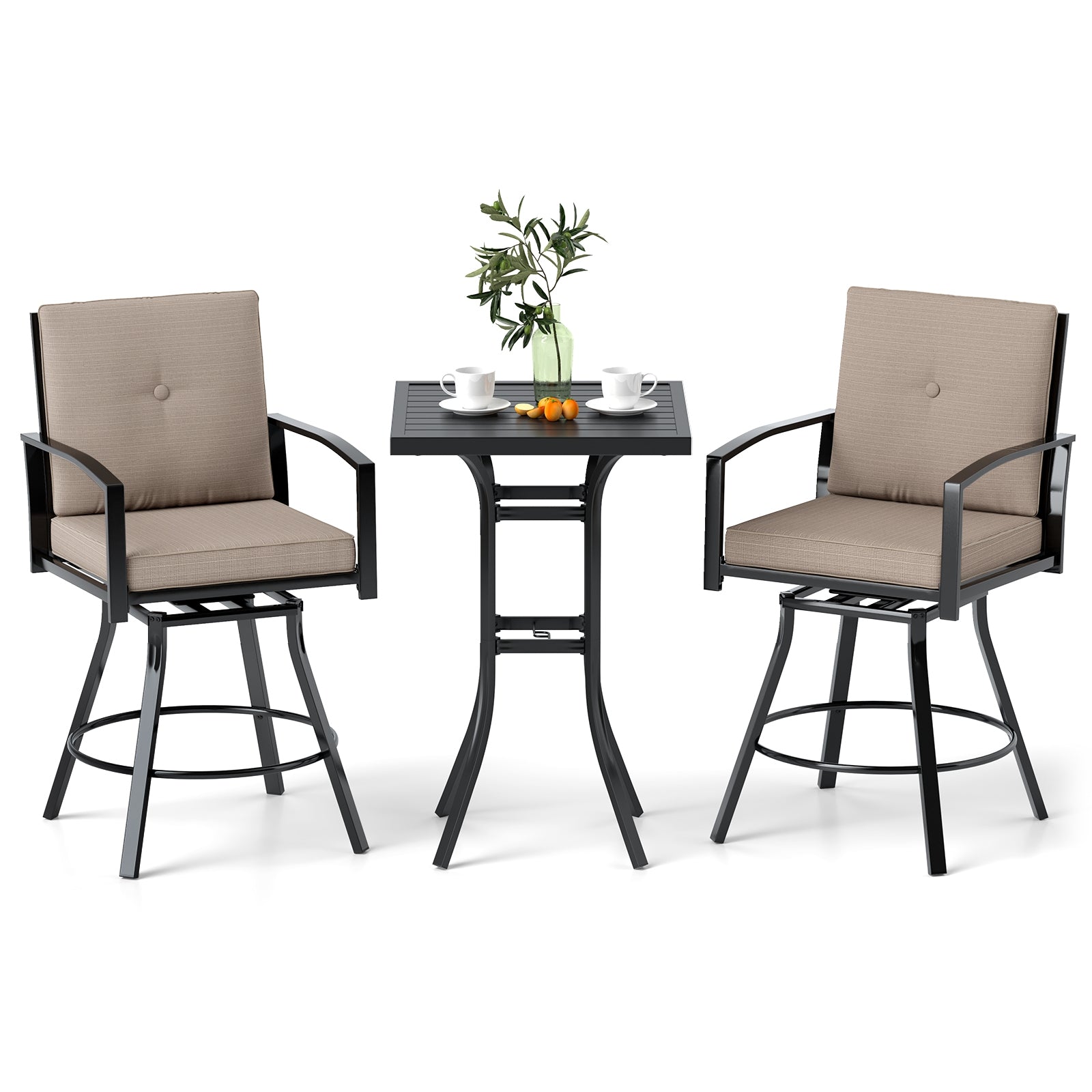 3 Pieces Patio Swivel Bar Set with Soft Cushions and Umbrella Hole, Brown Patio Bar Furniture at Gallery Canada