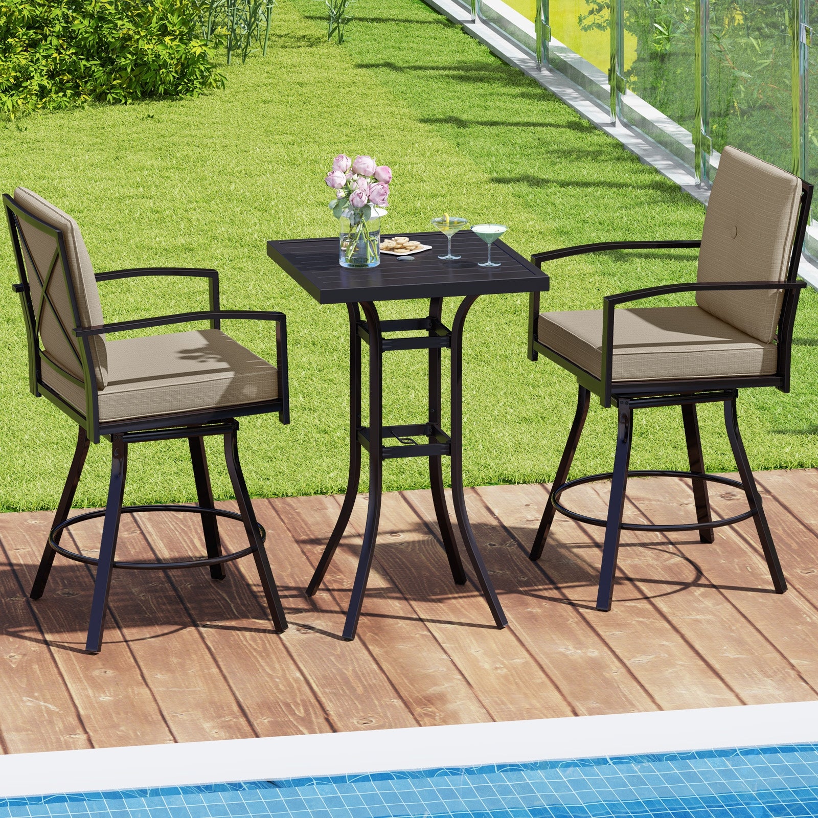 3 Pieces Patio Swivel Bar Set with Soft Cushions and Umbrella Hole, Brown Patio Bar Furniture at Gallery Canada