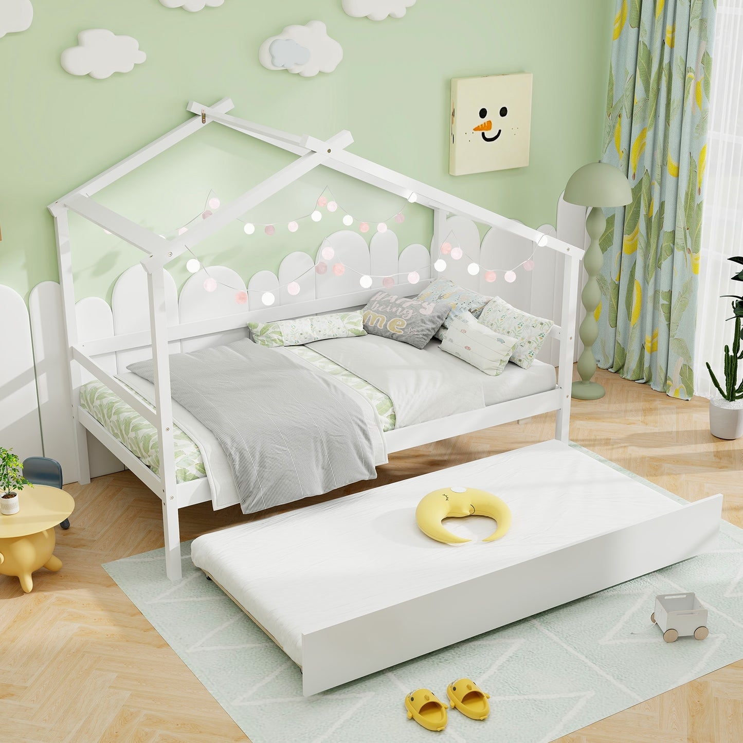 Kids Twin Size House Bed with Trundle and Roof, White Trundle Bed Frame   at Gallery Canada