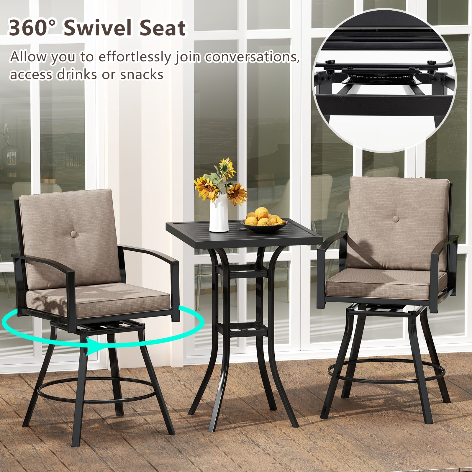 3 Pieces Patio Swivel Bar Set with Soft Cushions and Umbrella Hole, Brown Patio Bar Furniture at Gallery Canada