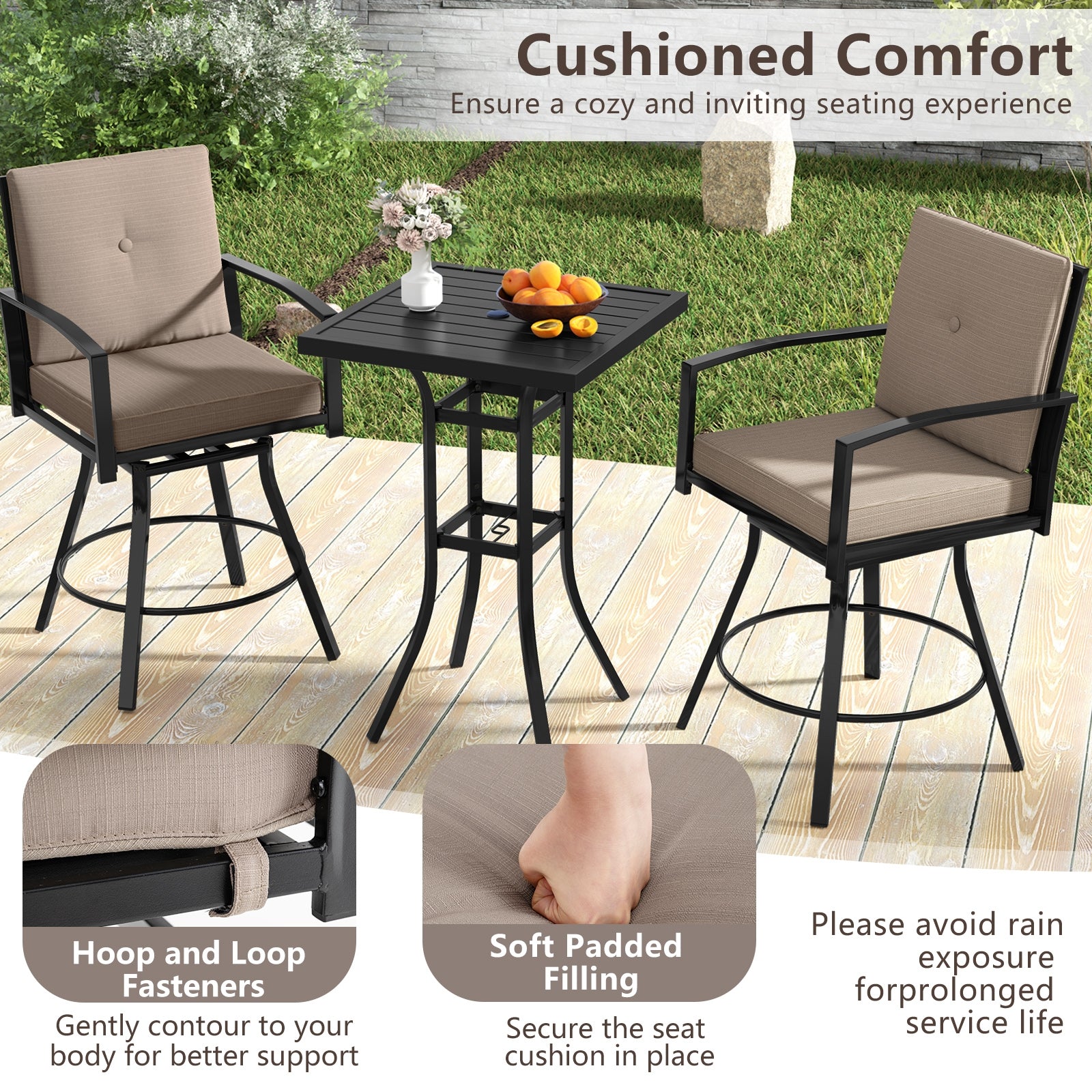 3 Pieces Patio Swivel Bar Set with Soft Cushions and Umbrella Hole, Brown Patio Bar Furniture at Gallery Canada