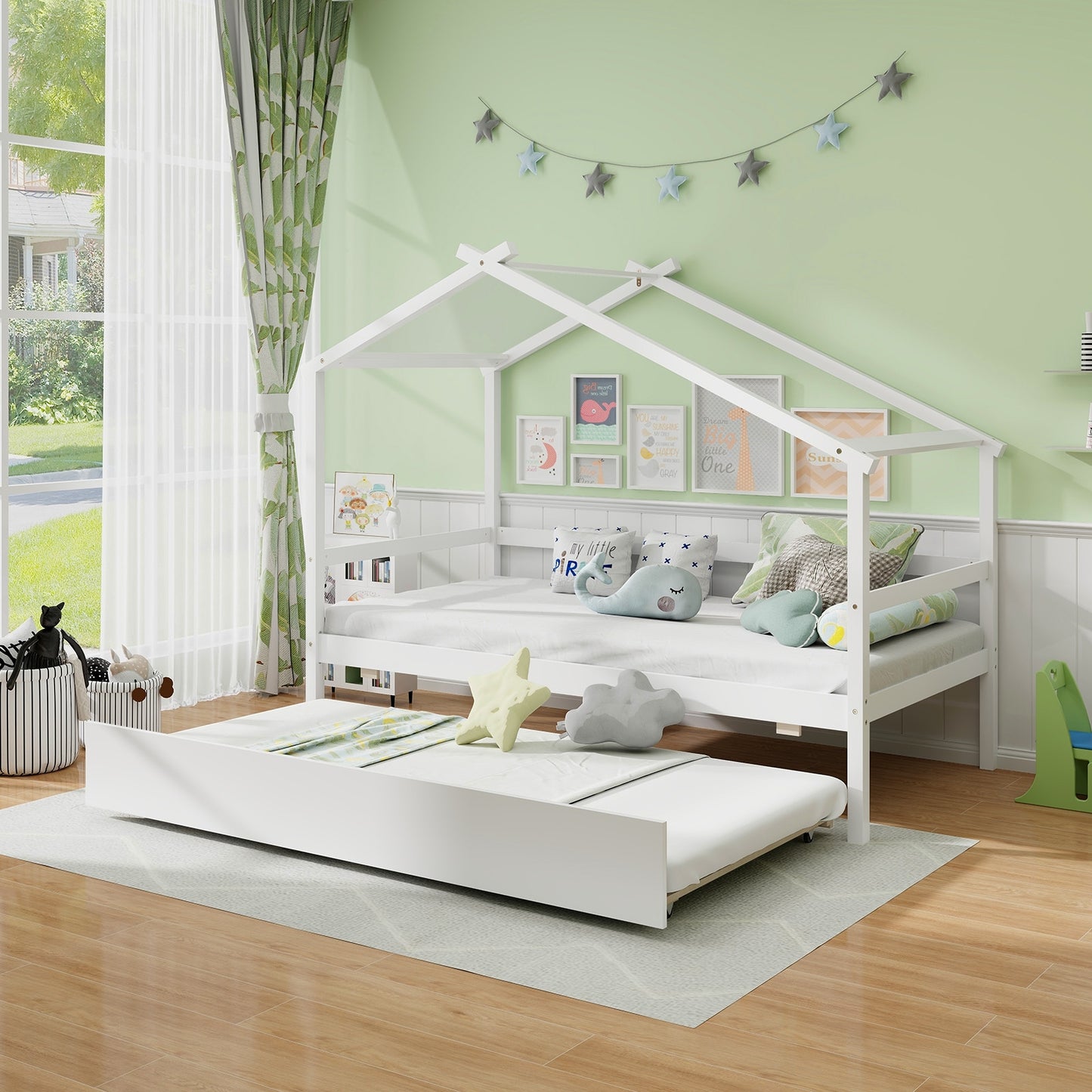 Kids Twin Size House Bed with Trundle and Roof, White Trundle Bed Frame   at Gallery Canada