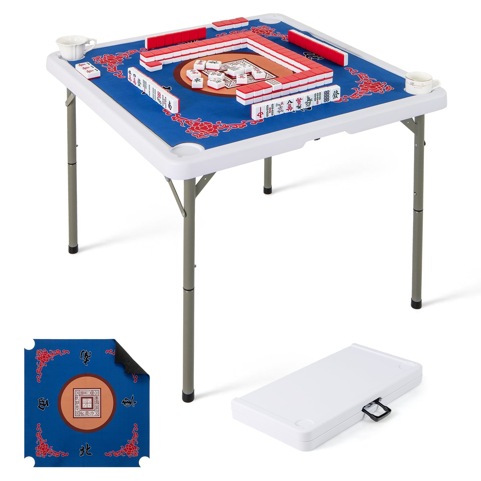 35 Inch 4 Player Game Card Folding Mahjong Table with Cup Holders, Blue Game Room at Gallery Canada
