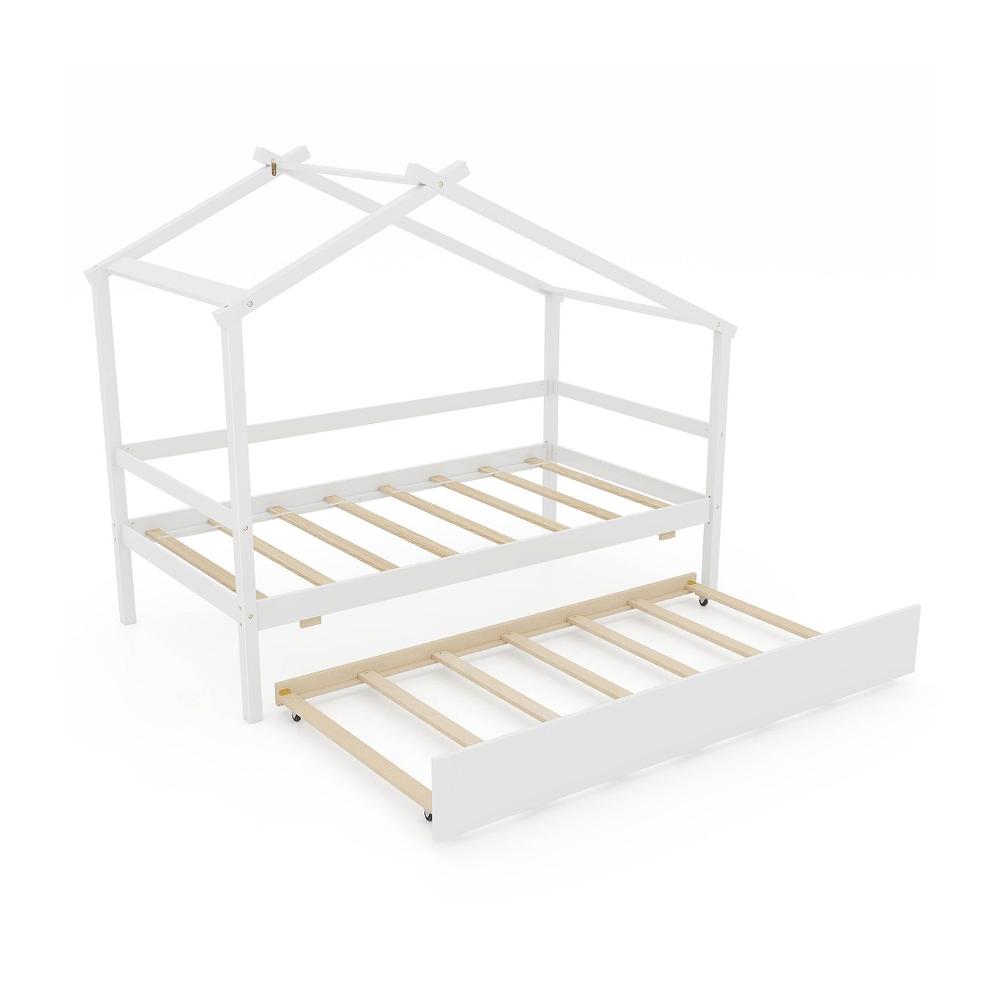 Kids Twin Size House Bed with Trundle and Roof, White Trundle Bed Frame White  at Gallery Canada