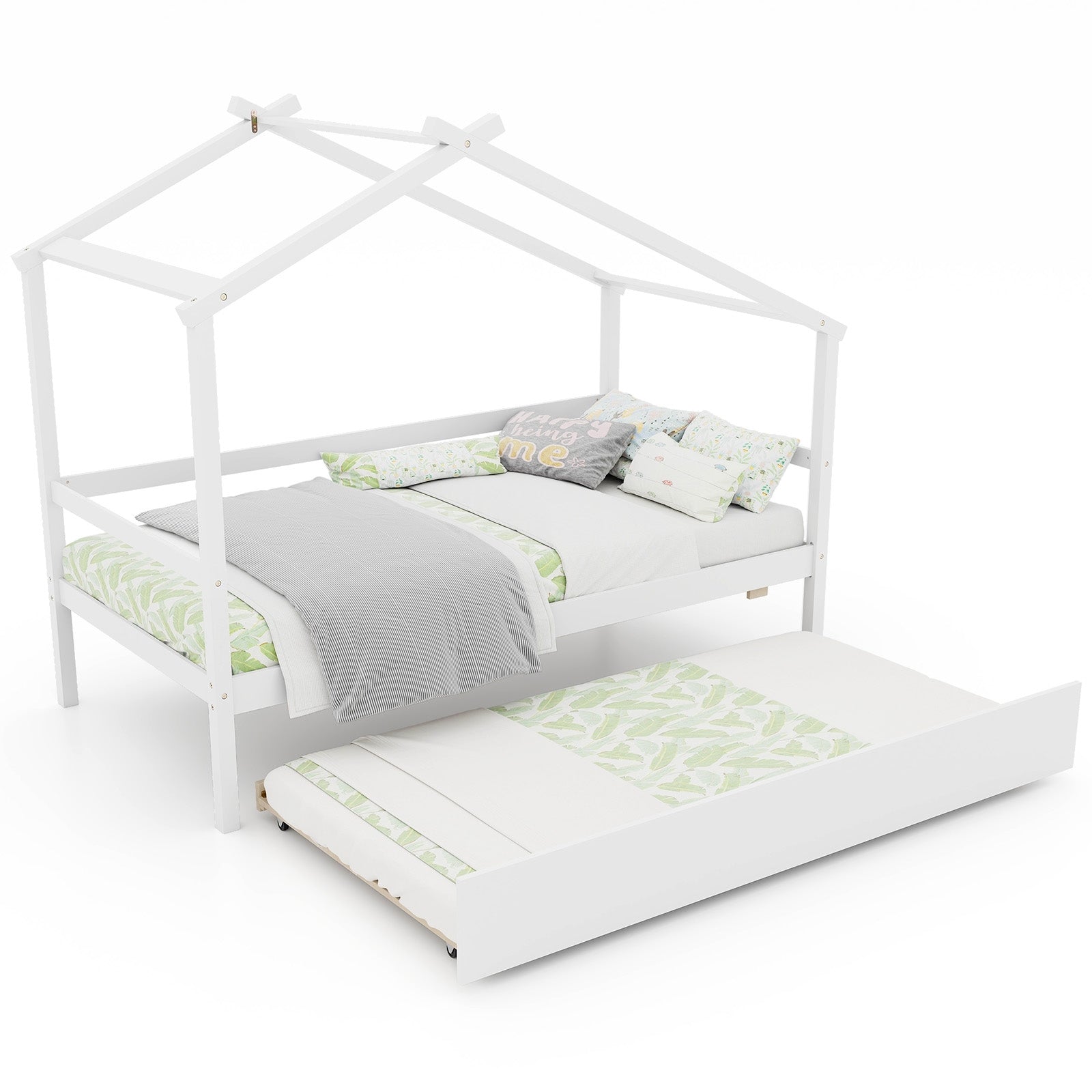 Kids Twin Size House Bed with Trundle and Roof, White Trundle Bed Frame   at Gallery Canada