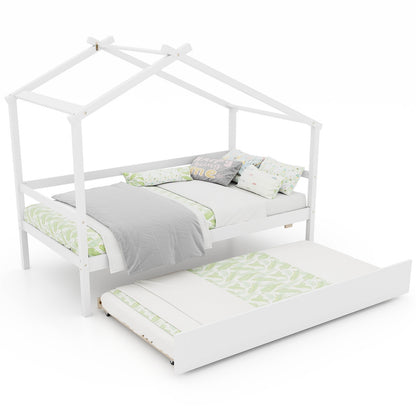 Kids Twin Size House Bed with Trundle and Roof, White Trundle Bed Frame   at Gallery Canada