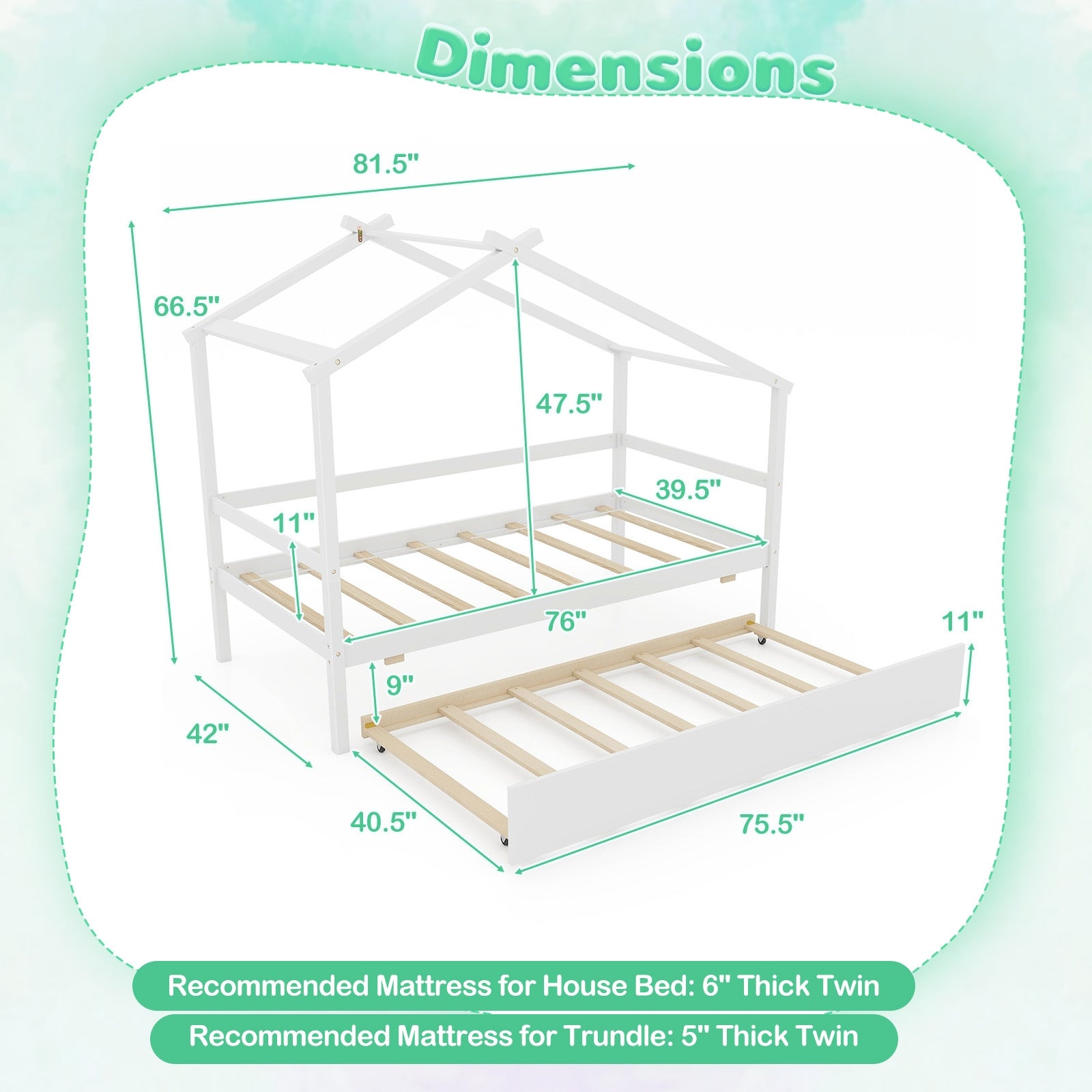 Kids Twin Size House Bed with Trundle and Roof, White Trundle Bed Frame   at Gallery Canada