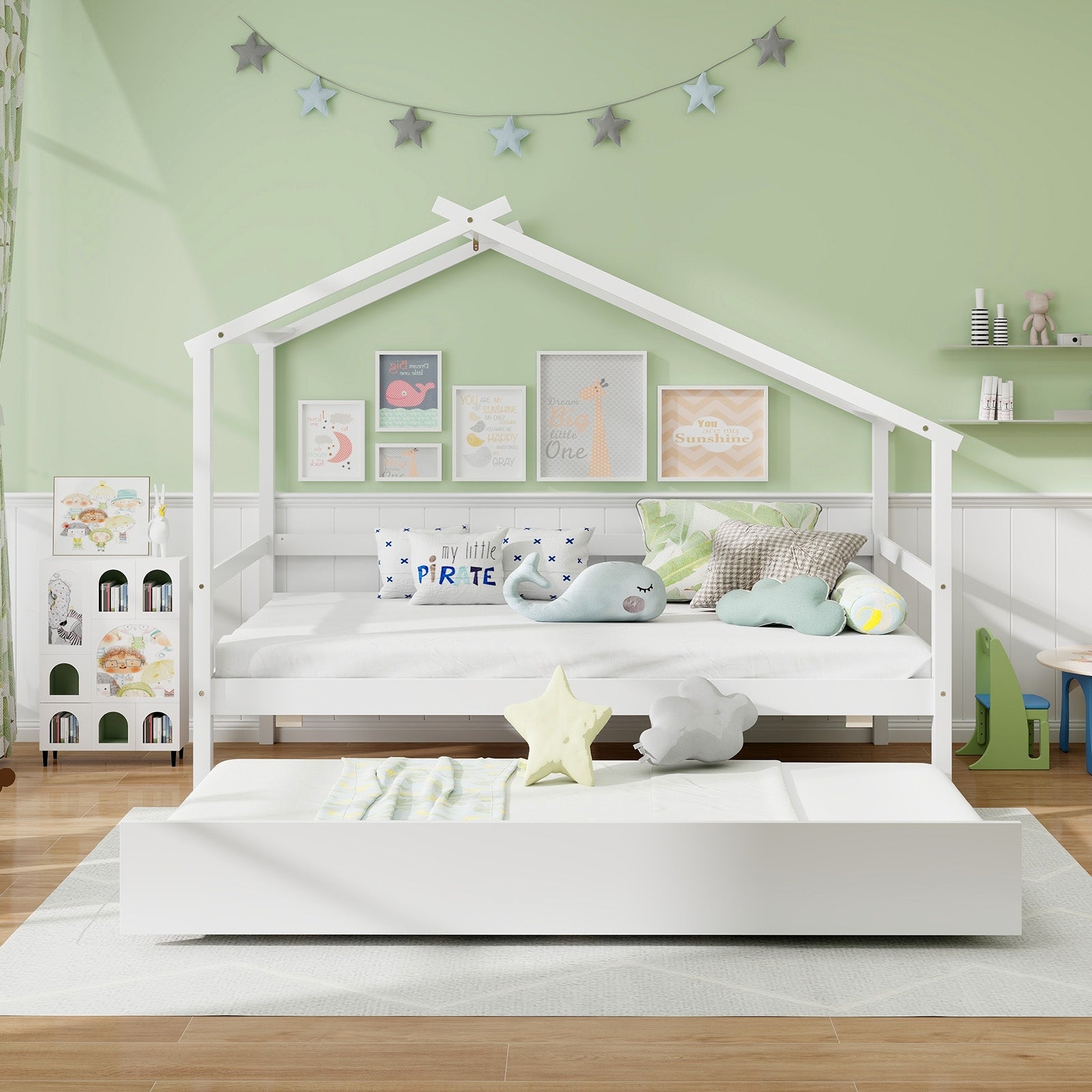 Kids Twin Size House Bed with Trundle and Roof, White Trundle Bed Frame   at Gallery Canada