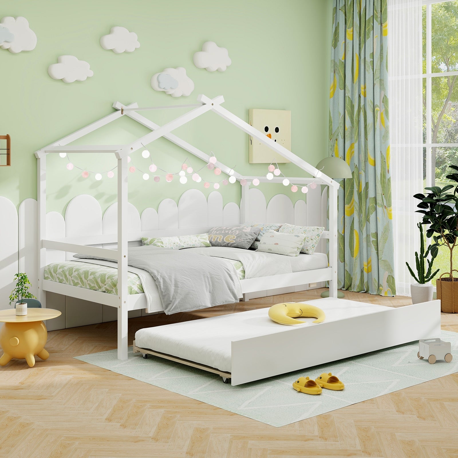 Kids Twin Size House Bed with Trundle and Roof, White Trundle Bed Frame   at Gallery Canada